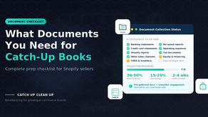 Document checklist for Shopify catch-up bookkeeping showing categories like banking, ad platforms, tax records, and supplier invoices
