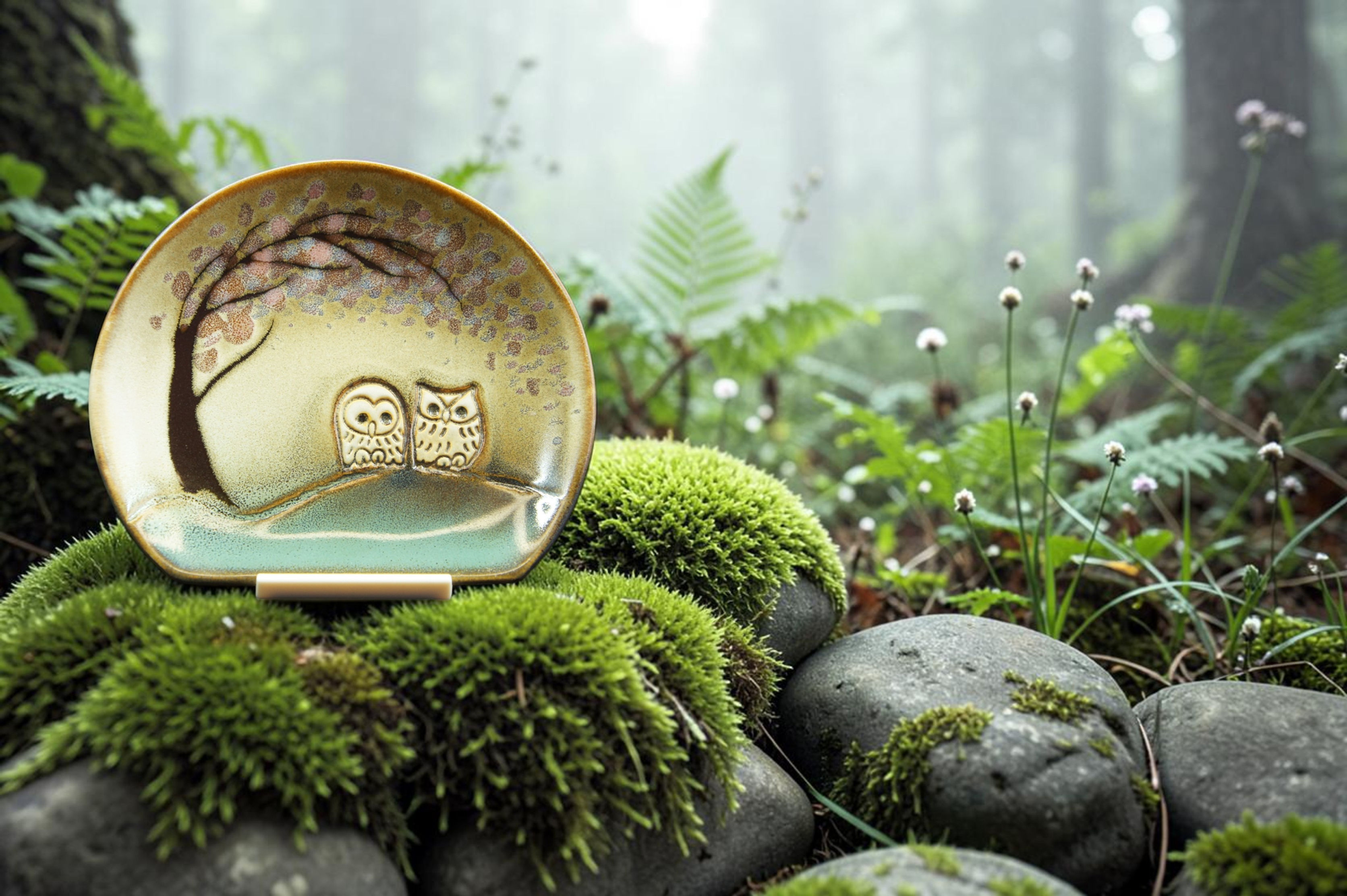 Nunohiki - Owl-patterned small dish under cherry blossom tree - Green