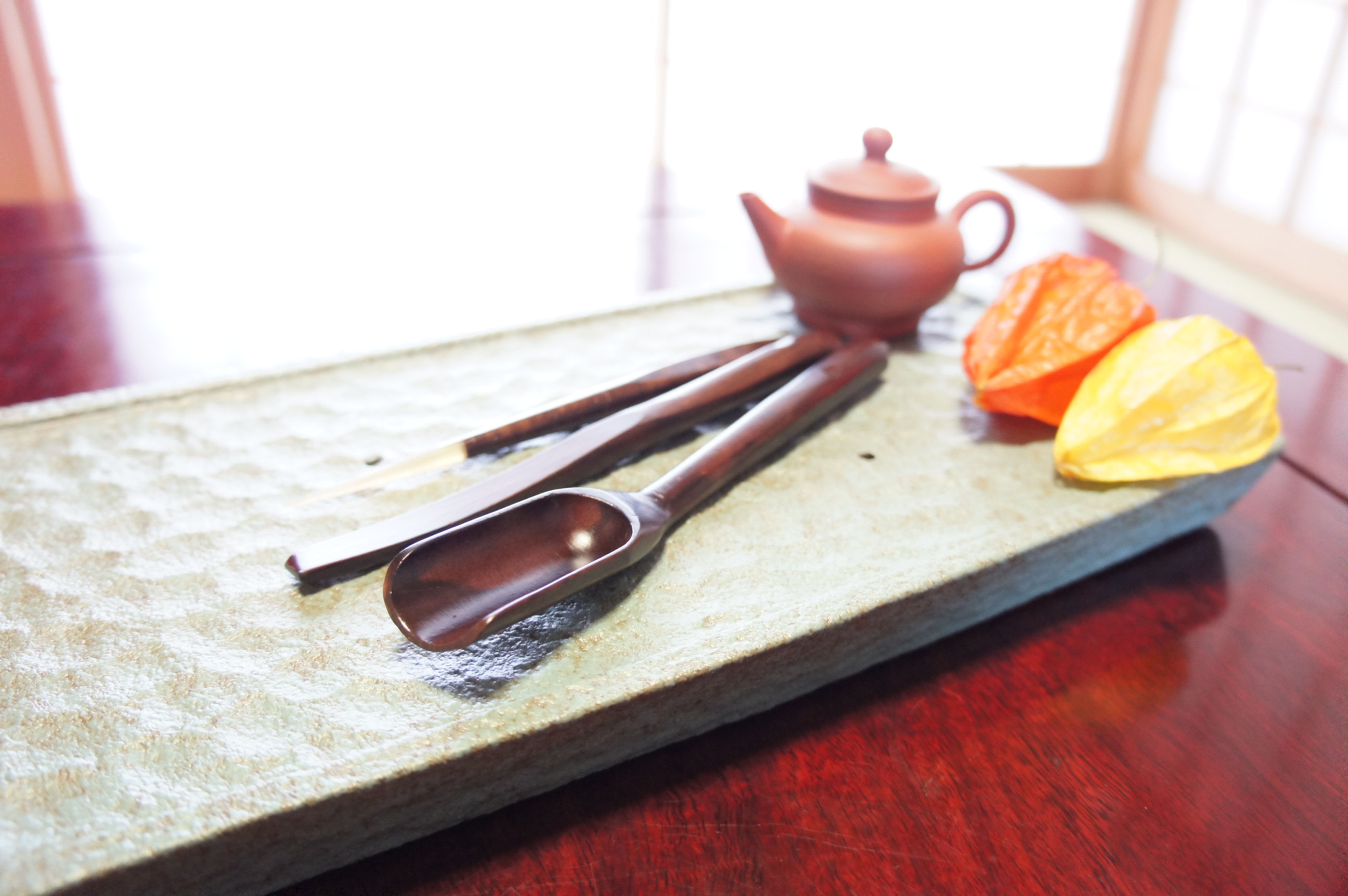 Tea ceremony Ceramic tray Regtan w/ bronze color
