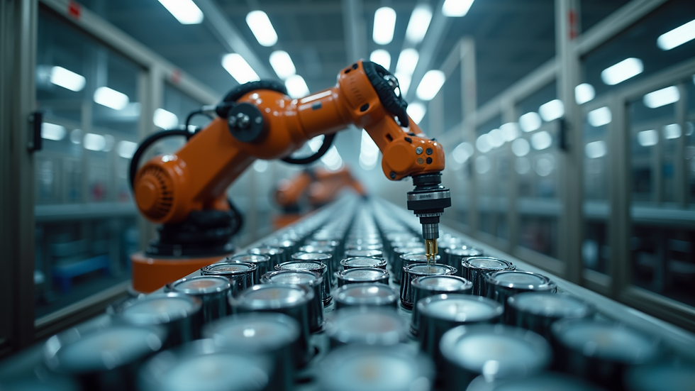 Eye-level view of a robotic arm assembling products on a manufacturing line