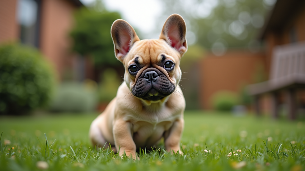 Eye-level view of a French Bulldog with a fluffy coat sitting in a garden