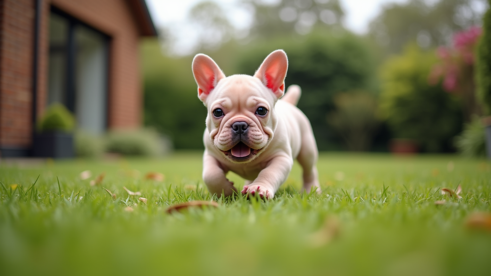 Eye-level view of a pink fluffy French Bulldog playing in a garden