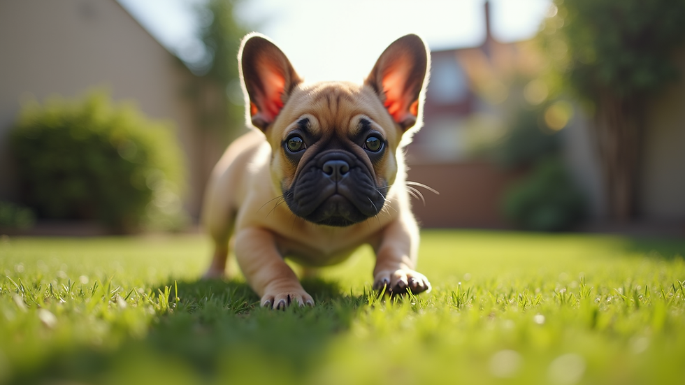 Eye-level view of a fluffy French Bulldog playing in a grassy yard