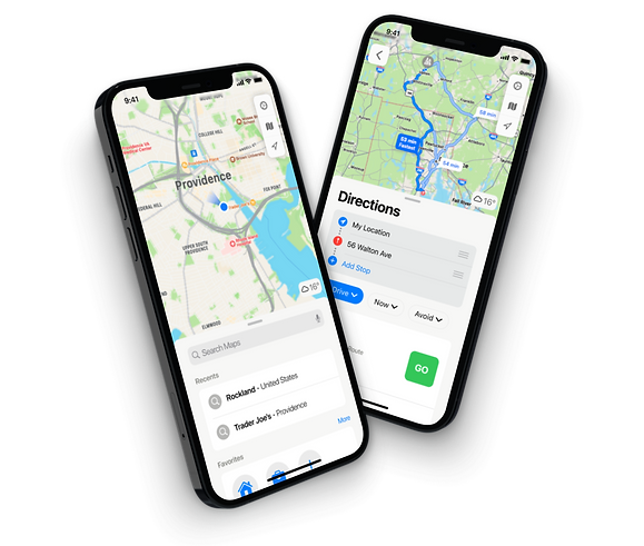 2 mockups of Apple Maps screens on iPhones.