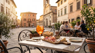 Italian aperitivo with cocktails, wine and traditional appetizers at an outdoor café in Italy