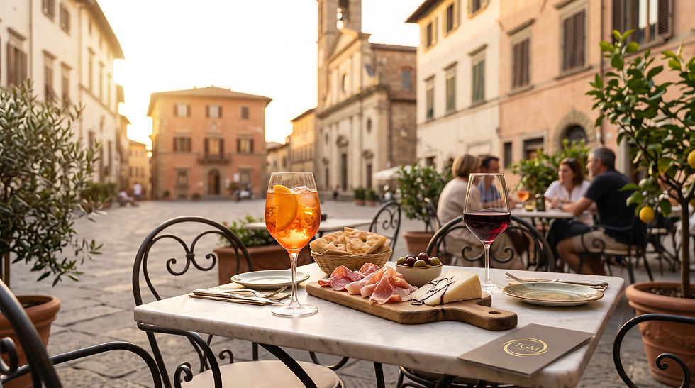 Discovering slow travel in Italy through the traditional evening aperitivo in a historic cobblestone piazza.
