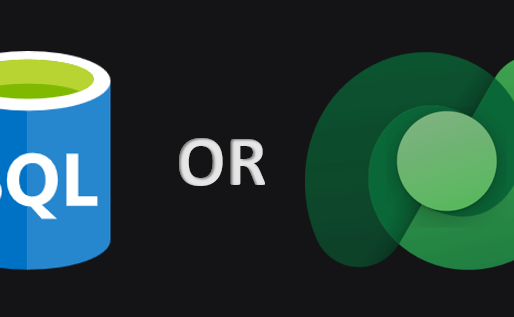 A picture graphically depicting a logo for SQL (a blue cylinder with a green inner) and another for Microsoft Dataverse (in green)