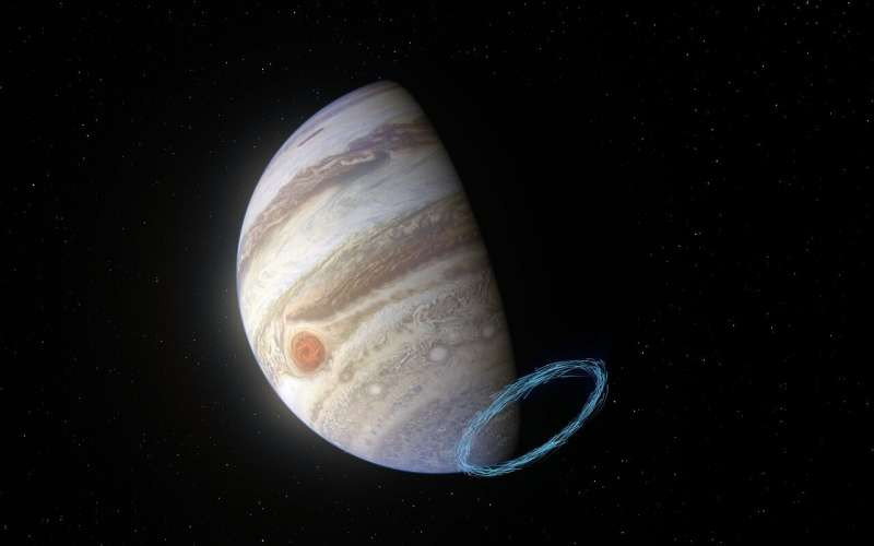 The artist depicts the winds in the stratosphere of Jupiter at the south pole of the planet, the blue lines represent the wind speed. These lines are superimposed on a real-world image of Jupiter captured by the JunoCam thermal imager aboard NASA's Juno spacecraft. Jupiter's famous cloud bands are located in the lower atmosphere, where winds were previously measured. But tracking the wind directly above this layer of the atmosphere, in the stratosphere, is much more difficult, since there are no clouds there. By analyzing the effects of a comet collision in the 1990s and using the ALMA telescope, which is partnered with ESO, researchers were able to identify incredibly powerful stratospheric winds at speeds of up to 1,450 kilometers per hour near the poles of Jupiter. Courtesy: ESO / L. Calçada and NASA / Jet Propulsion Laboratory-Caltech / Ssi / MSS