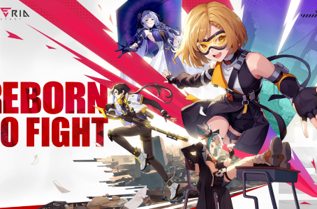Anime-style characters in dynamic poses on a futuristic backdrop with vibrant colors. Text: Reborn to Fight. Mood is action-packed. Etheria: Restart logo is top left.