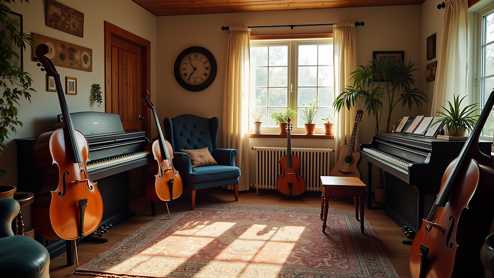 Wide angle view of a cozy music practice room with instruments displayed