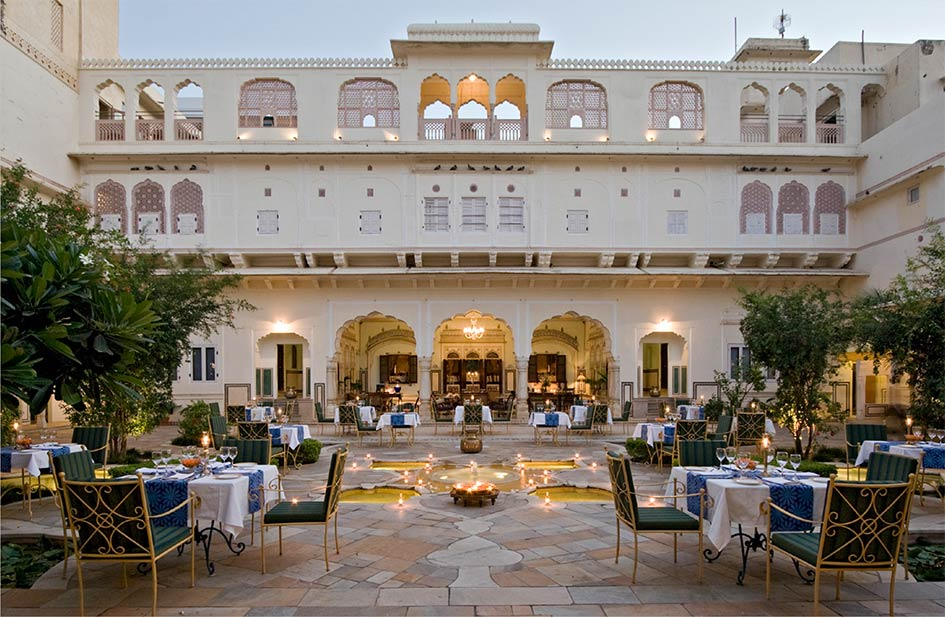 Elegant evening ambience at Samode Haveli, showcasing its historic architecture and charming.