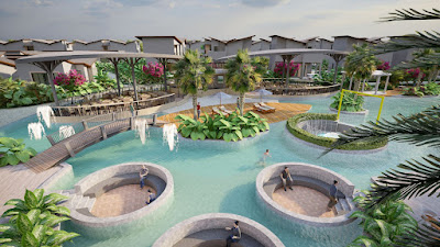Aerial view of the luxurious water-themed recreational area at OZEN Mansion Jaipur.
