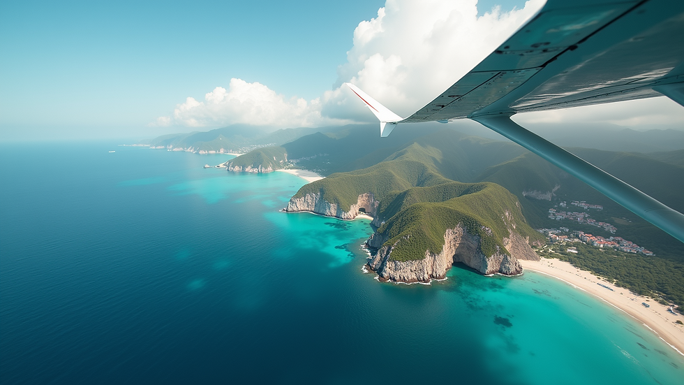 Eye-level view of a stunning coastline from aboard a private jet