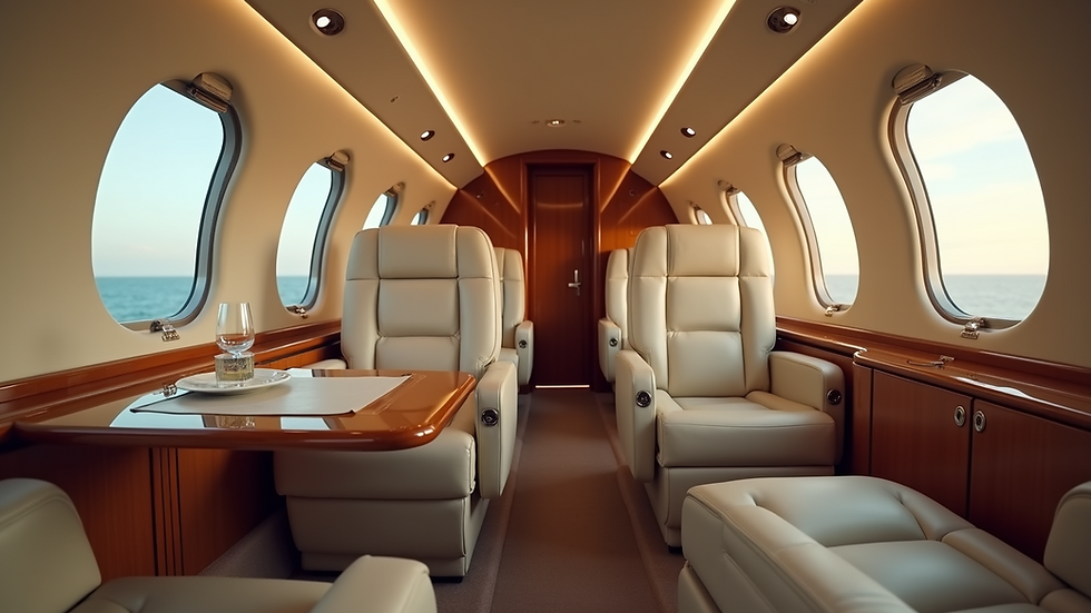 Eye-level view of a luxurious private jet interior