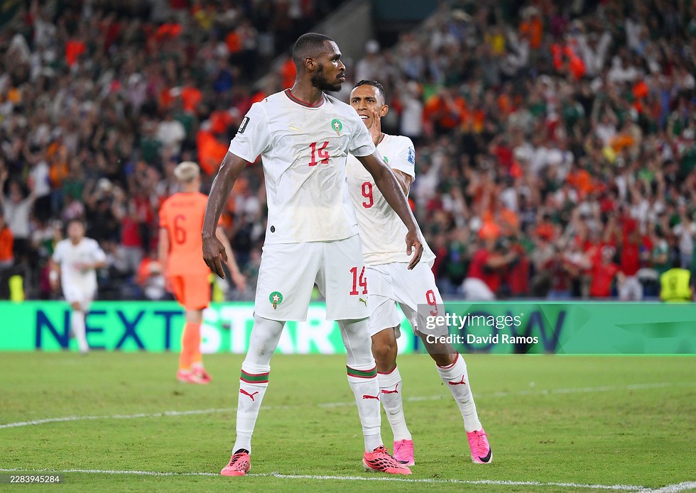 Issa Diop celebrates his goal for Morocco vs Netherlands at World Cup 2026