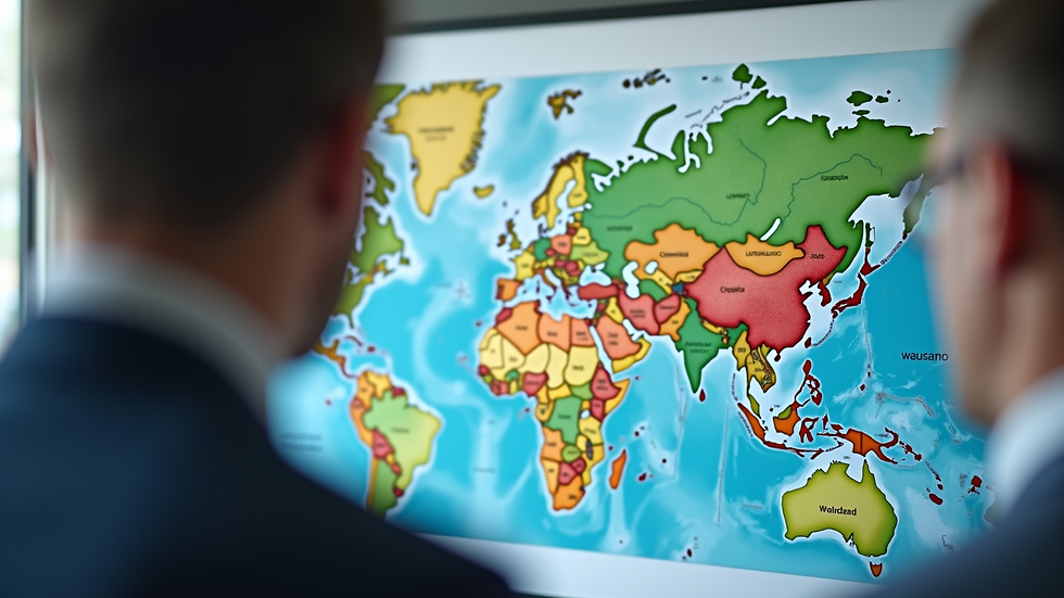 Close-up view of a consultant presenting geopolitical risk maps to a business team