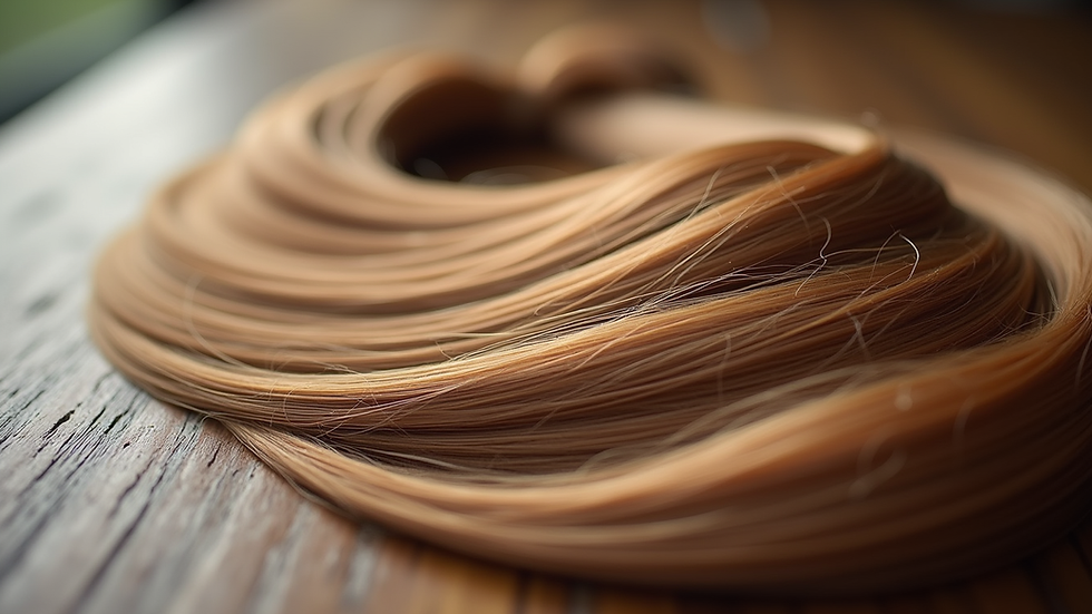 Close-up view of luxurious hair extensions laid out on a wooden surface