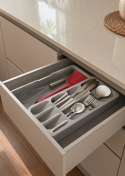Gray kitchen drawer organizer neatly arranged with cutlery and cooking utensils.
