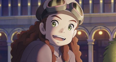 Still image from Studio Ponoc animated film The Imaginary featuring Emily, a girl with curly red hair, aviator goggles, and overalls