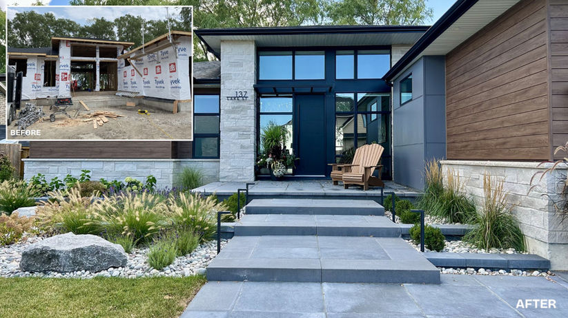 Before and after image of a modern home in Chatham-Kent, highlighting the transformation to a finished entrance with modern landscape design, sleek stone steps, ornamental grasses, decorative rocks, inviting patio chairs, and landscape lighting.