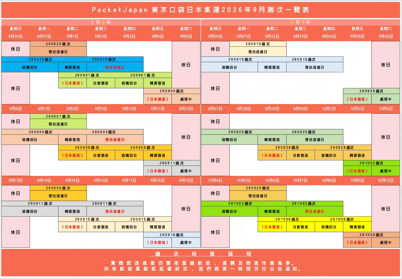 東京口袋集運 2026 年 9 月正式出貨趟次表