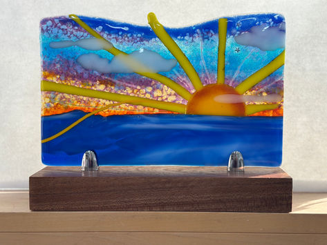 Fused glass sun panel with. mahogany stand