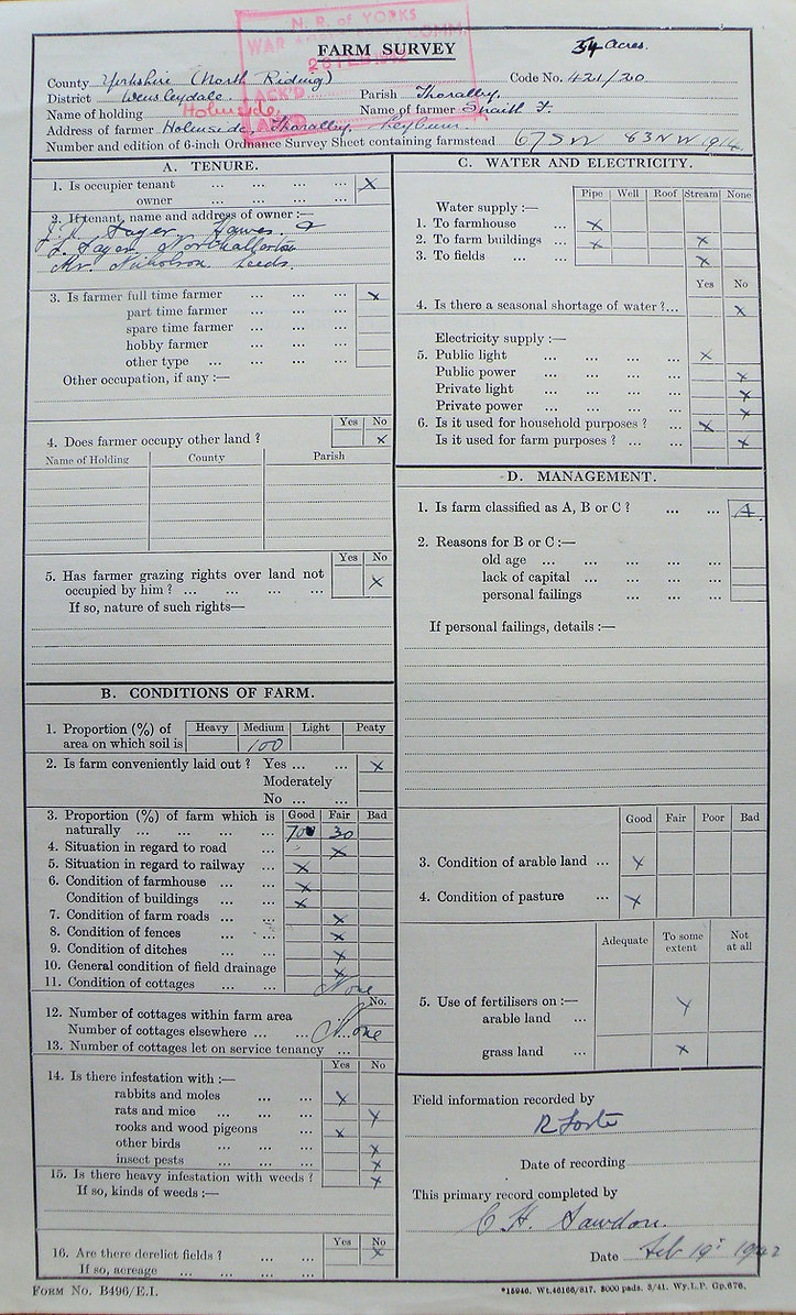 Frank Snaith, Holmeside Farm, Main Farm Survey Form