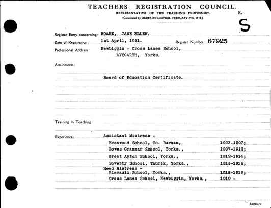 Jane Ellen Hoare - Teaching Certificate