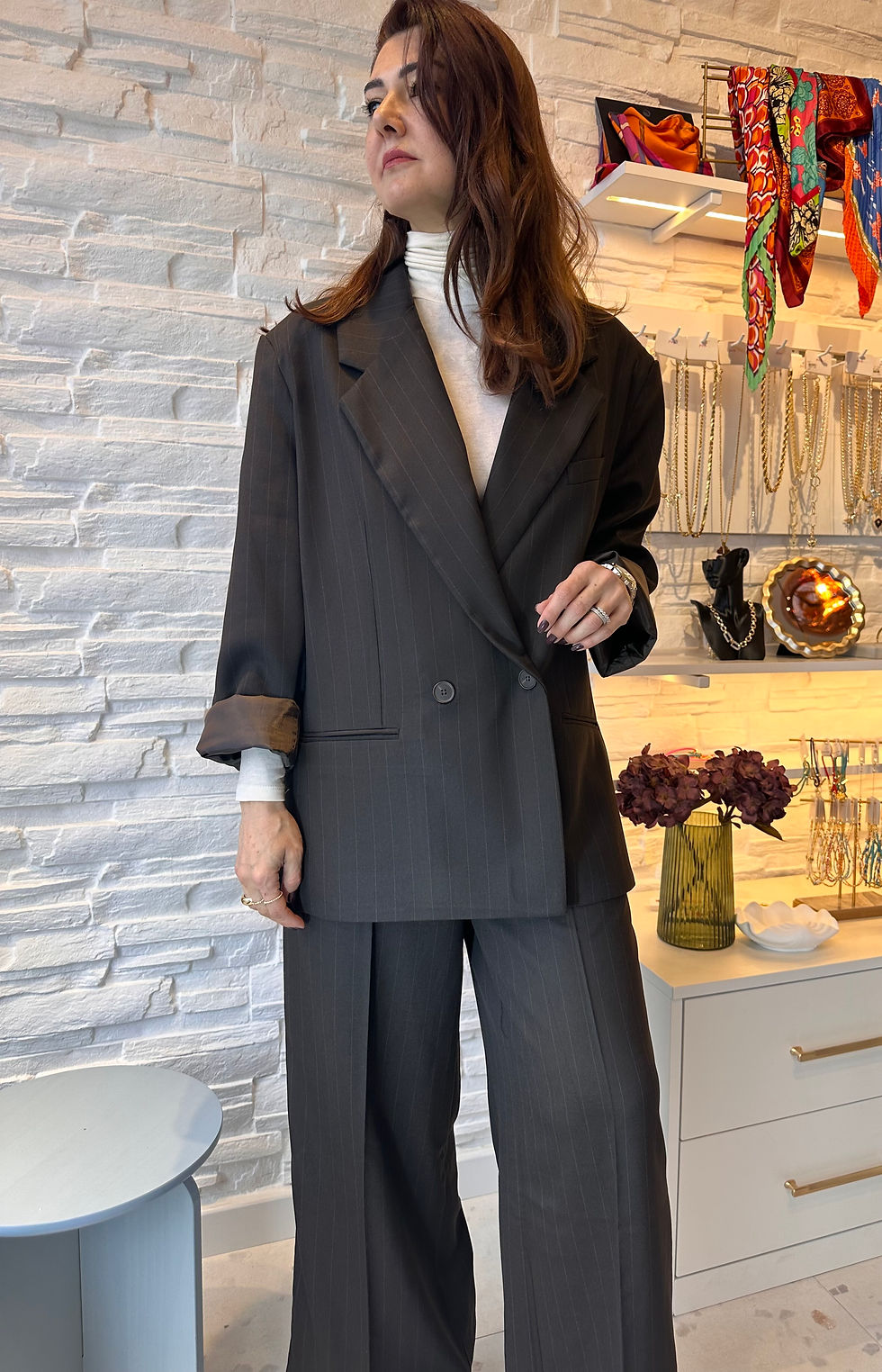 Küçük resim: Çizgili Acı Kahve Kadın Pantolon