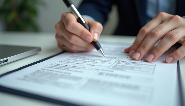 High angle view of a traveler filling out a visa application form with a pen