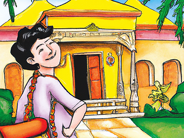 artwork of a happy tourist with a good a face holding suitacase in front of an indian ho