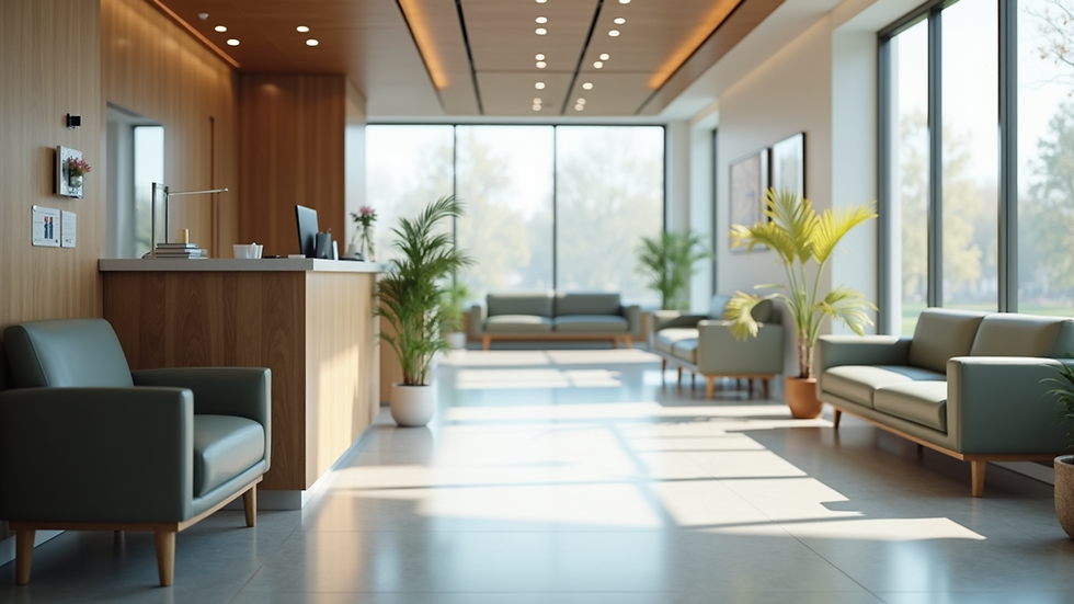 Eye-level view of modern clinic reception area with comfortable seating