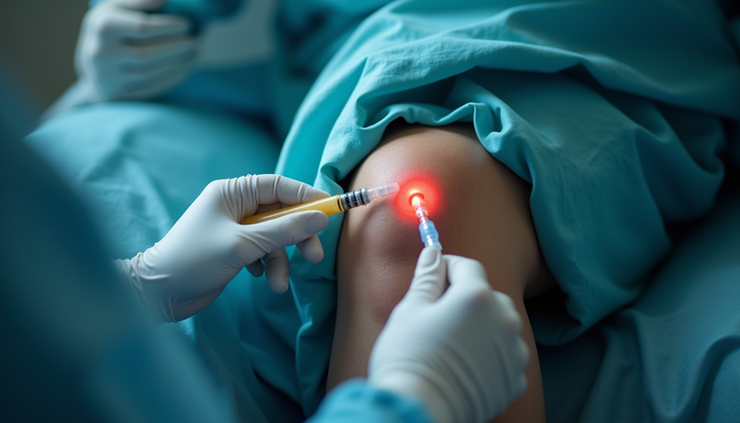 Close-up view of a knee joint receiving a corticosteroid injection