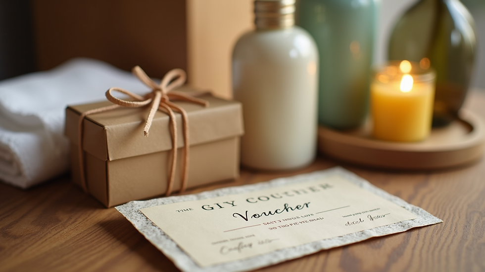 Eye-level view of a gift voucher and spa products on a wooden table