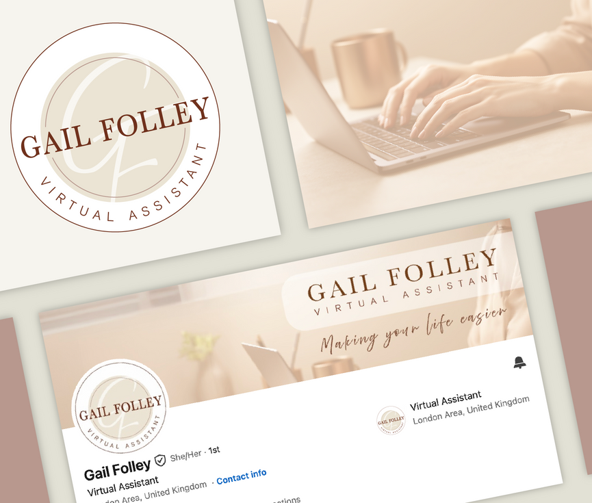 Gail Folley VA Branding with logo design and LinkedIn header.