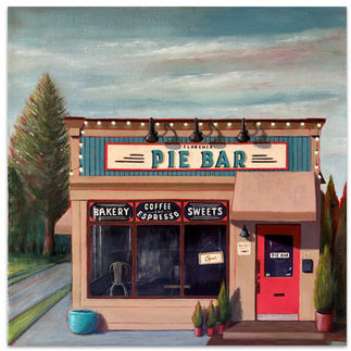Acrylic painting of Florence Pie Bar, Florence MA. Brown building with orange door, vintage style sign.