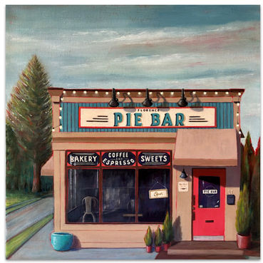 Acrylic painting of Florence Pie Bar, Florence MA. Brown building with orange door, vintage style sign.