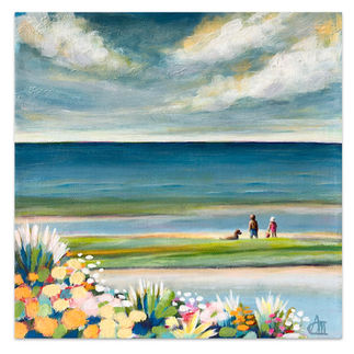 Small acrylic painting of seaside, children at shore, flowers in foreground in blues, greens and peach.