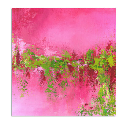 Abstract painting in bright pink with lime green.