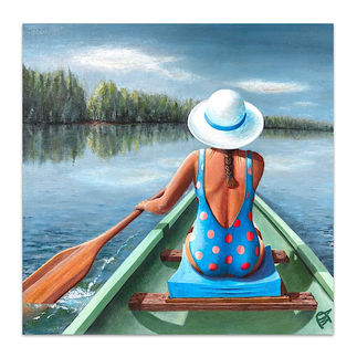 woman in green canoe with white hat and blue bathing suit