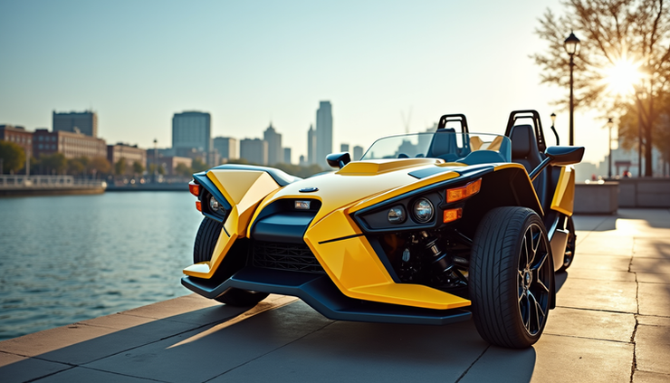 Eye-level view of a Polaris Slingshot parked near the San Antonio River Walk