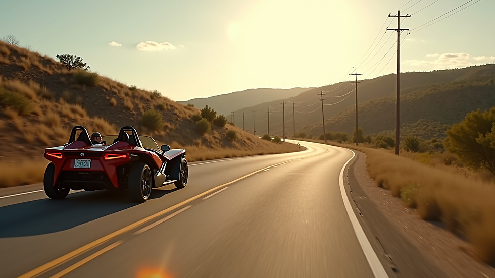 Wide angle view of a Polaris Slingshot cruising along a winding Texas Hill Country road