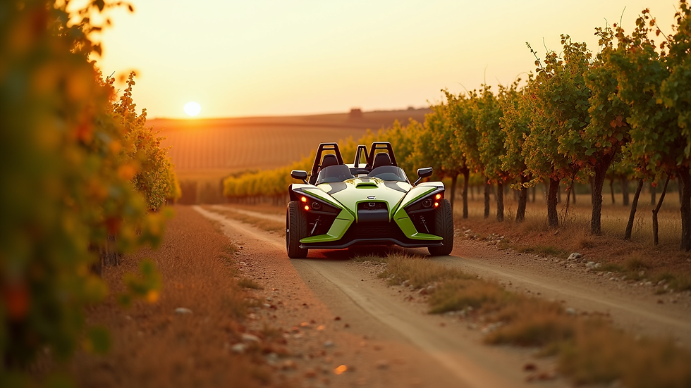 Wide angle view of a Polaris Slingshot driving through a scenic vineyard in Texas Hill Country