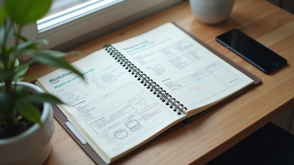 High angle view of a desk with a notebook and digital marketing strategy plan