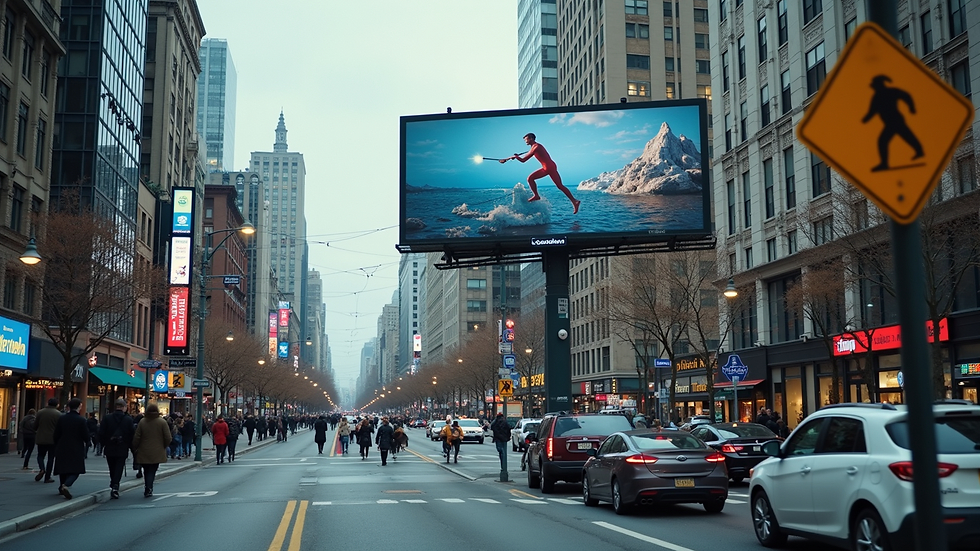 Wide angle view of a vibrant urban area showcasing a billboard advertisement