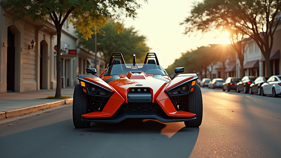 Eye-level view of a Polaris Slingshot parked on a scenic San Antonio street