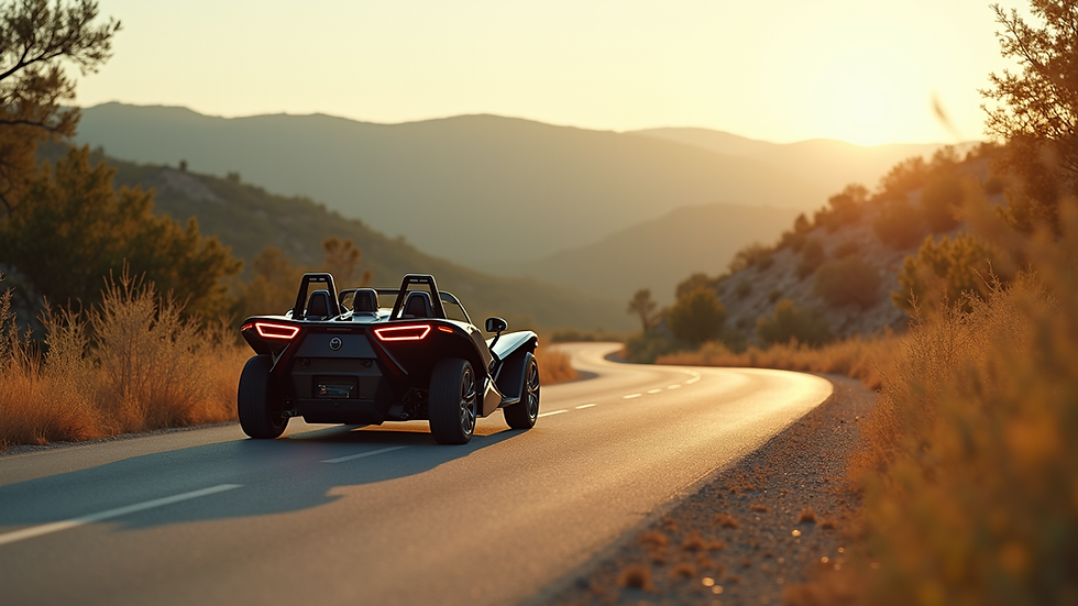 Wide angle view of a Polaris Slingshot driving along a winding Hill Country road