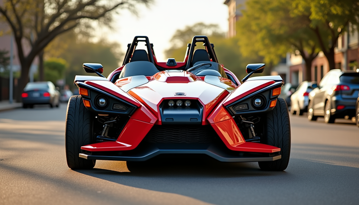 Eye-level view of a Polaris Slingshot R parked on a scenic San Antonio street