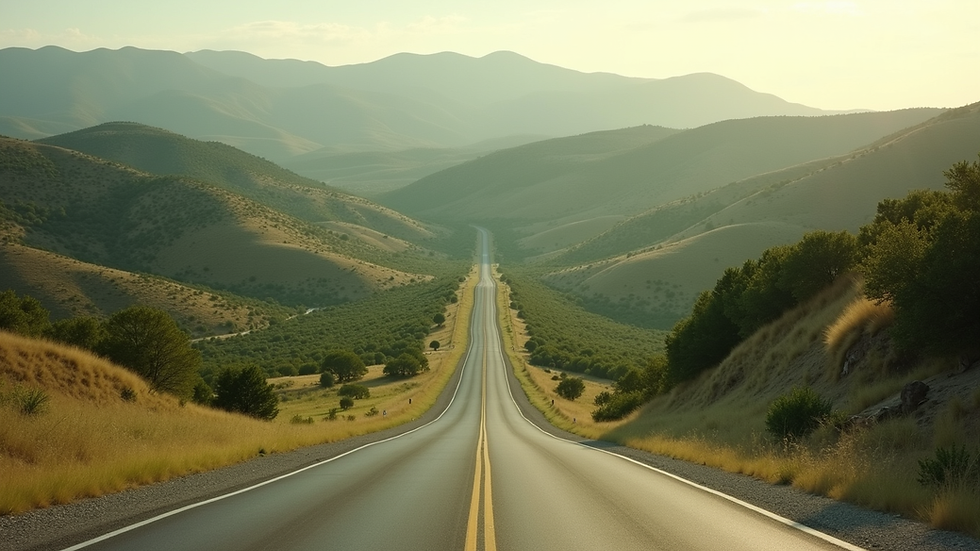 Eye-level view of winding road through Texas Hill Country with green hills
