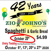 Tuesday October 20th
In appreciation of your support over the years, celebrate with us.
Celebrating forty-two years of delicious, affordable Italian cuisine. Fast & Fresh.
Anniversary Special:
Spaghetti & Garlic Bread $4.99
October 6, 13, 20, & 27.
Every Tuesday in October.
Pasta with a Smile!